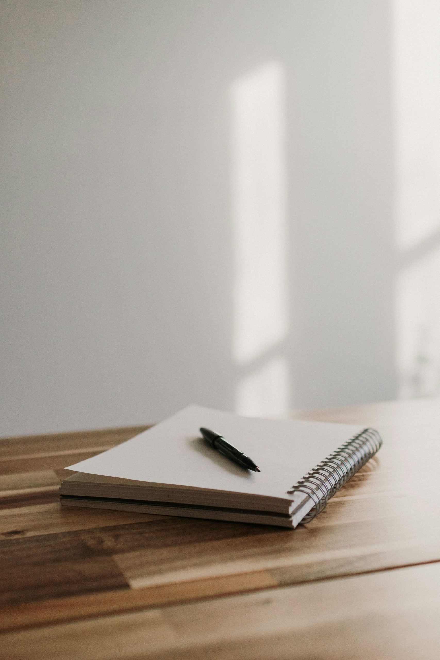 notebook open on desk with pen resting on top