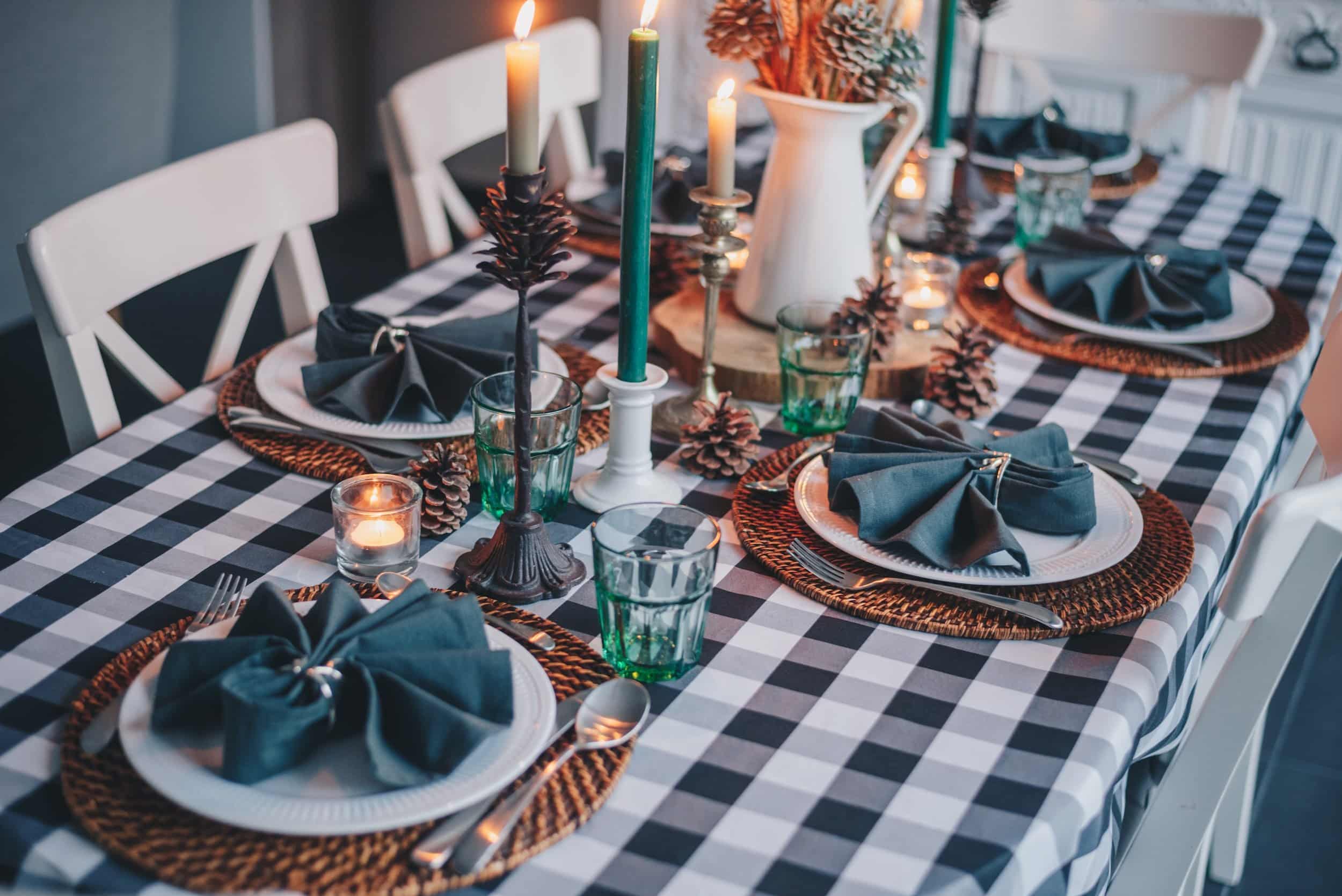 blue and white checkered table cloth with christmas dinner