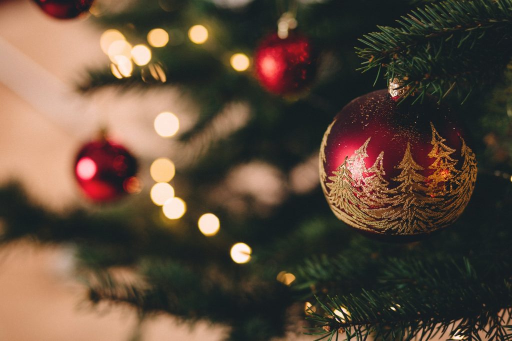 christmas balls and lights on tree
