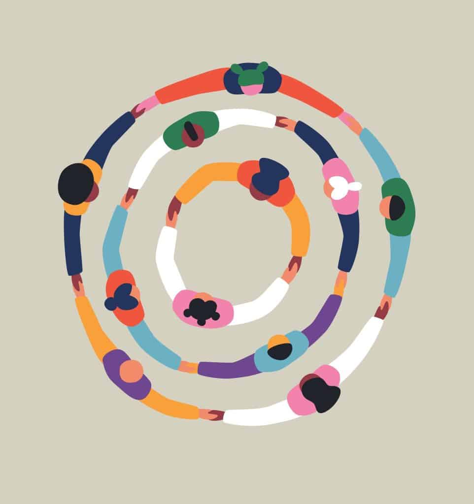 drawing of colorful people holding hands in rings