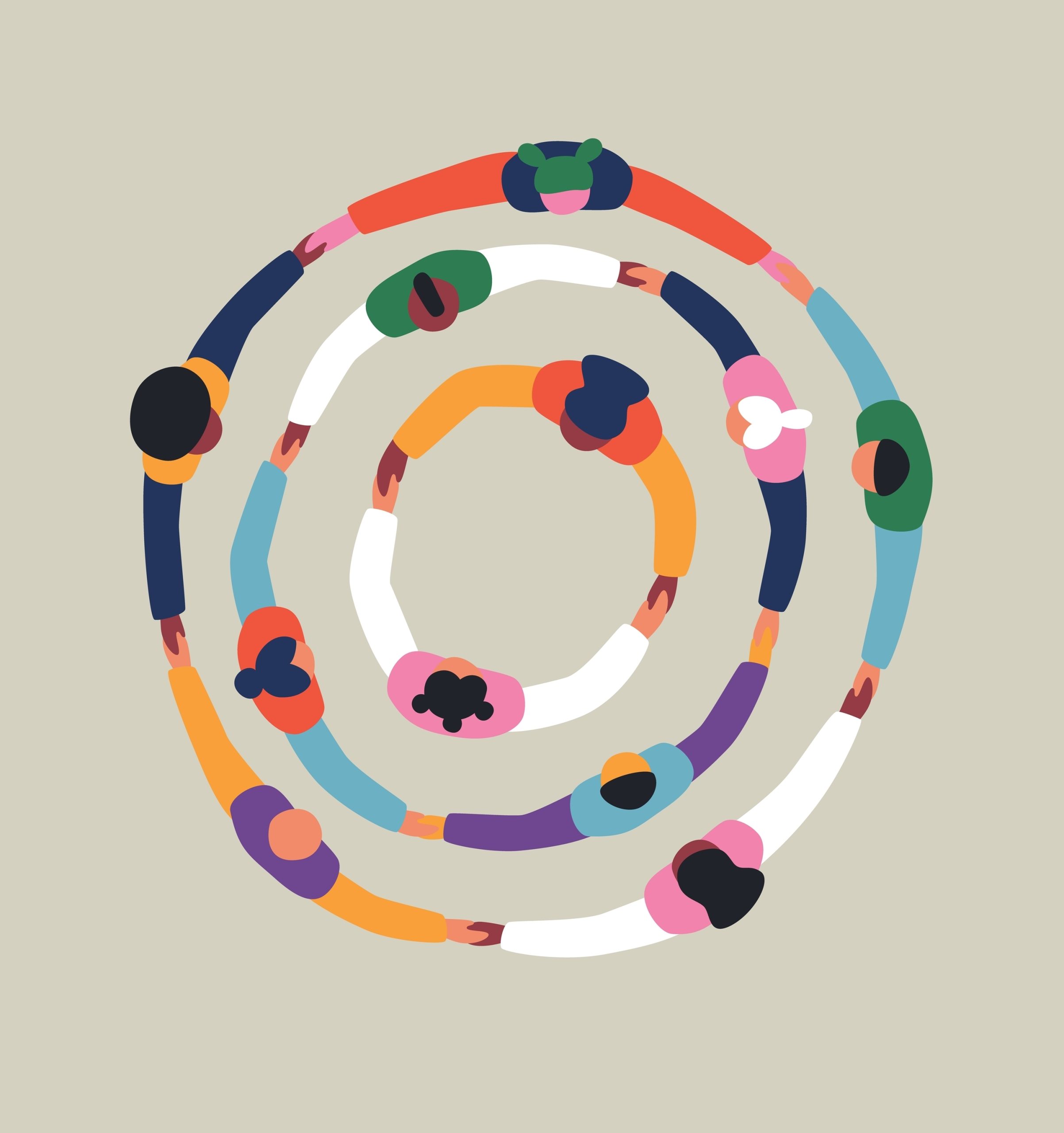 drawing of colorful people holding hands in rings